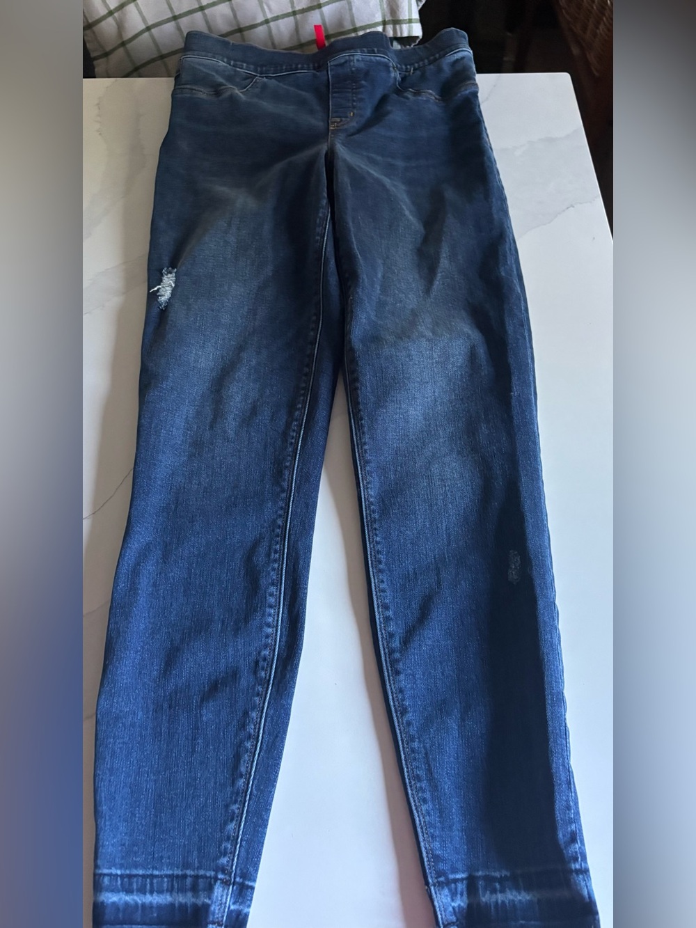 SPANX Dark Blue Skinny Jeans with Subtle Distress